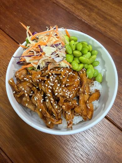 Teriyaki chicken rice bowl with edamame