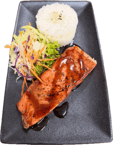 Grilled teriyaki salmon with rice and salad
